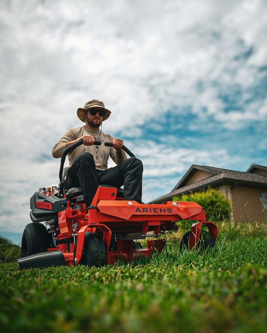 Lawn crew owner on a zero turn mower, shot from grass level